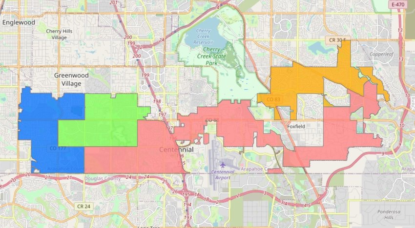 Map shows Centennial's four city council districts. The blue area is District 1 is blue, District 2 is green, District 3 is red and District 4 is orange.